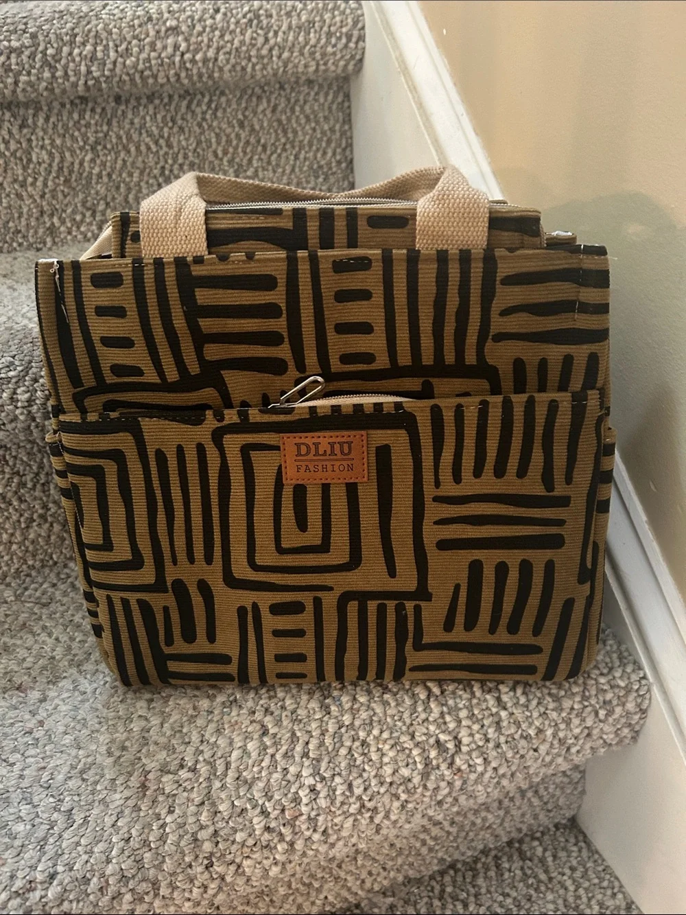 Tan and Black Patterned Tote Bag